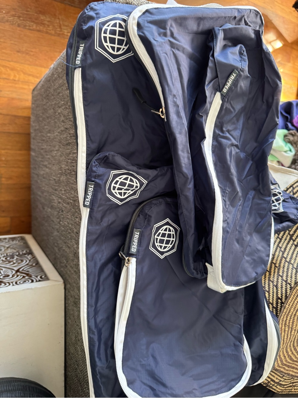 Tripped 5 piece compression travel bag set, navy blue.